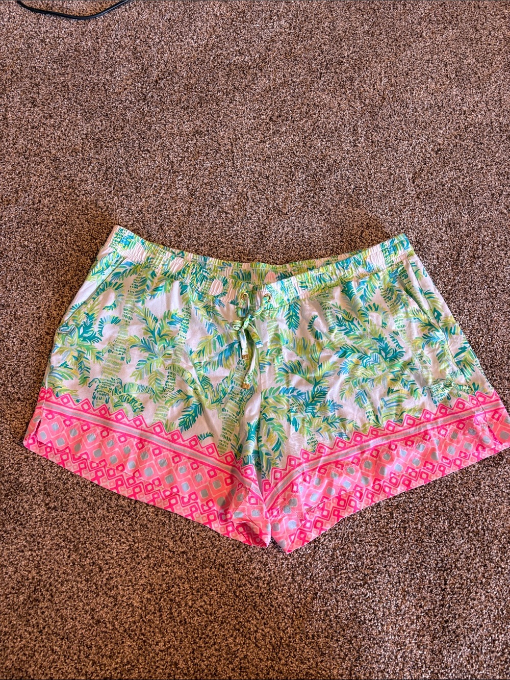 Lilly Pulitzer Green Palm Print High Waist Shorts with Pink Border